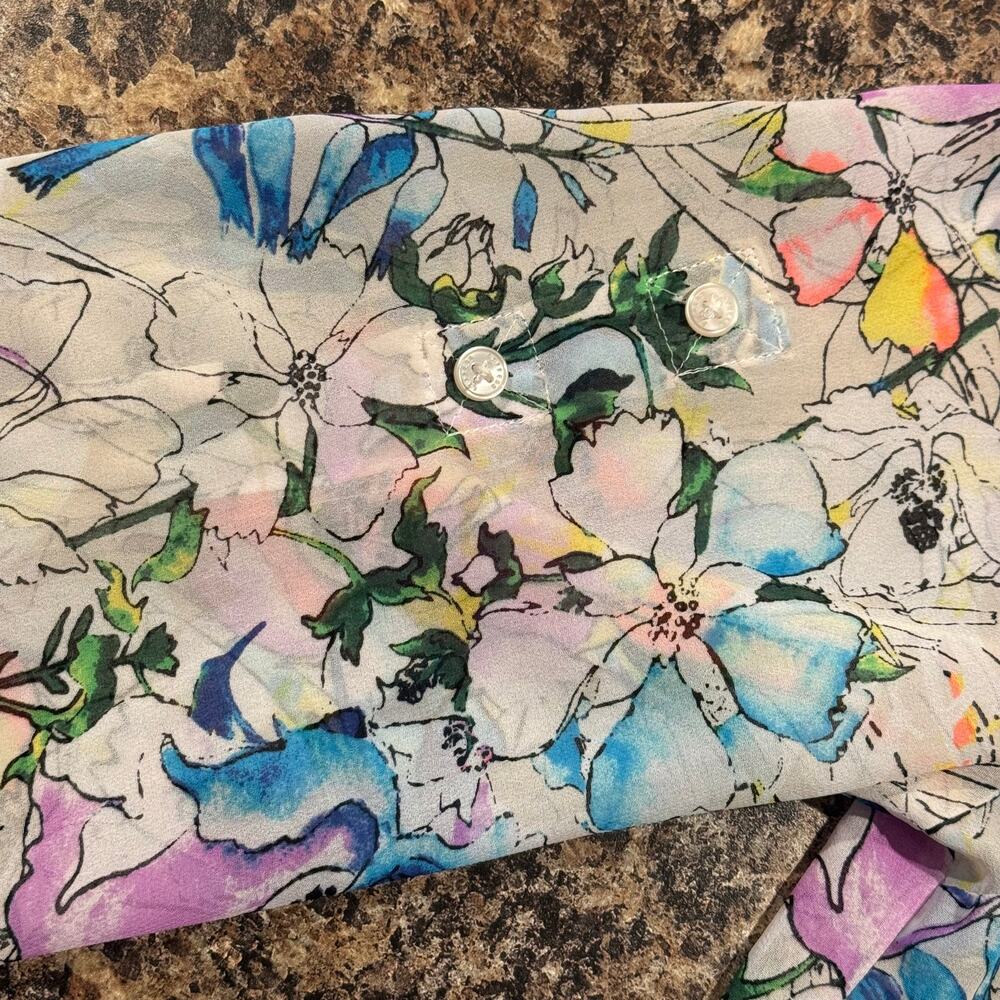Express Portofino Button Up Shirt Sheer Floral Botanical Watercolor Spring Top S - Picture 8 of 10